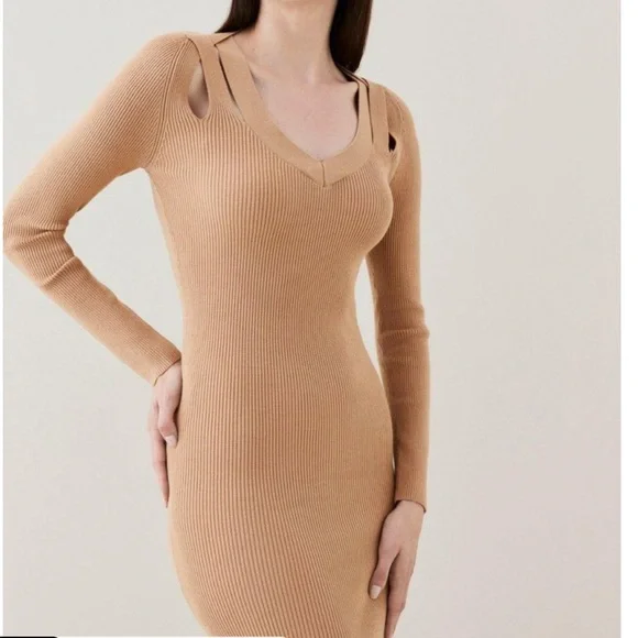 Karen Millen Womens Cut Out V Neck Rib Knit Pencil Mini Dress - Camel - Size M Karen Millen Womens Cut Out V Neck Rib Knit Pencil Mini Dress - Camel - Size M